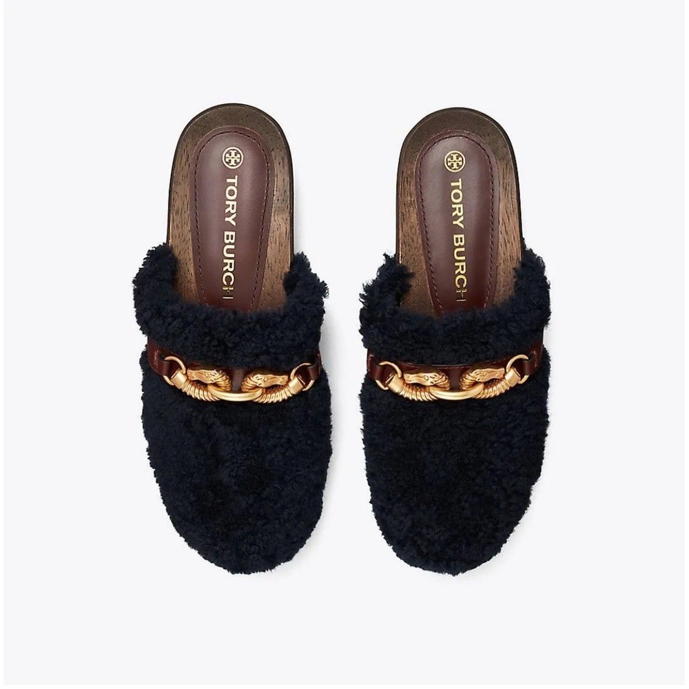 Tory Burch Jessa Clog Shearling Equestrian Gold Logo Black Leather Trim 7 360$